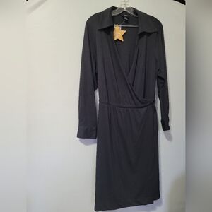 HOT IN HOLLYWOOD BLACK DRAPE MID DRESS W/ WAIST TIE V NECK L/S 1X